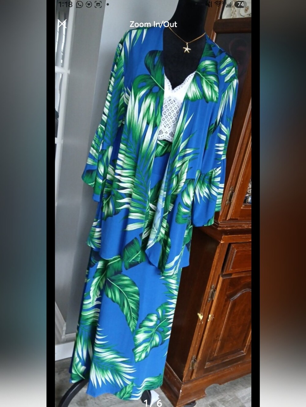 Tropical Blue & Green Leaf Open Front Cape Jacket and Maxi Skirt